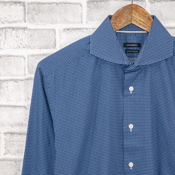 SUITSUPPLY Men's Spread Collar Dress Shirt in Blue mini Polka dot size 15 1/2 L - Picture 3 of 6